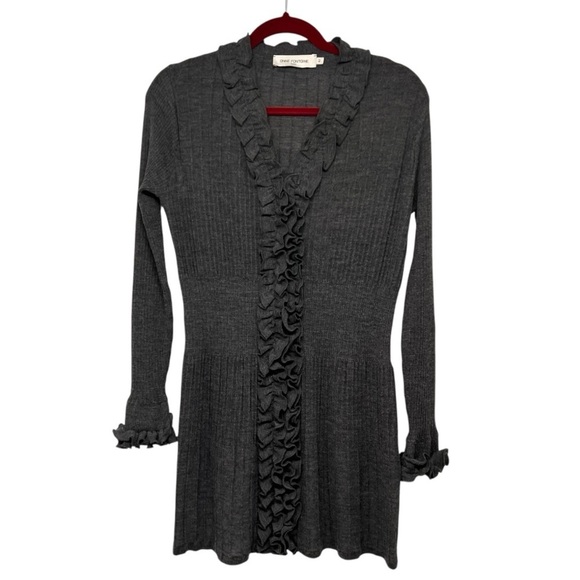 Anne Fontaine Charcoal Gray Wool Ruffle Accent Button Front Sweater Dress US 10 - Picture 2 of 9